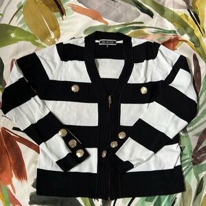 Striped cardigan black and white fold buttons size M zipper rayon with stretch